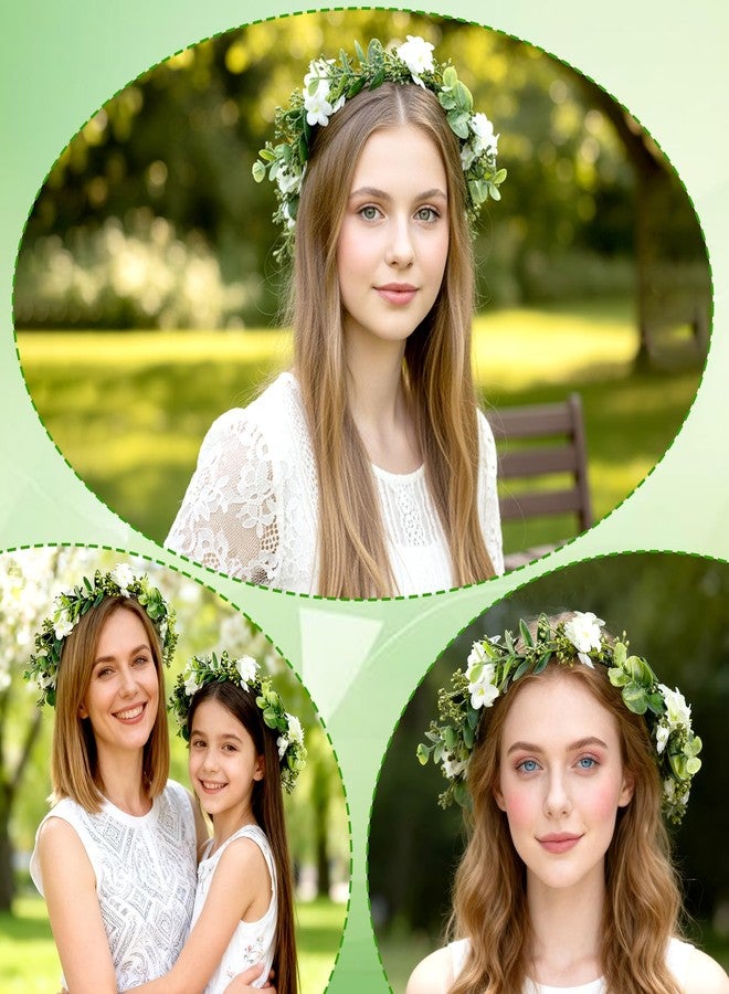 Aeaocvo Flower Crown for Women and Girls, Boho Floral Headpiece with Ribbon, Green & White Floral Crown Wreath for Wedding Ceremony Party Festival Photo Prop - Image 3